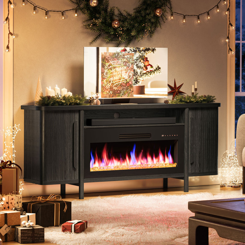 Berania TV Stand for TVs up to 75" with Fireplace Included, Espresso Black
