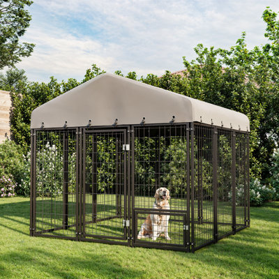 73"x70" Dog Kennel Outside, Large Outdoor Dog Kennel with Feeding Door and Double Lock, Heavy-Duty Weatherproof Dog Cage and Dog Fence with Roof, Dog House Outdoor for Large Dogs, Easy Assembly