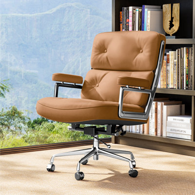 Genuine Leather Executive Office Chair with Aluminum Frame and Wheels, Swivel Desk chair with Thickened Backrest and Ergonomic Lumbar Support