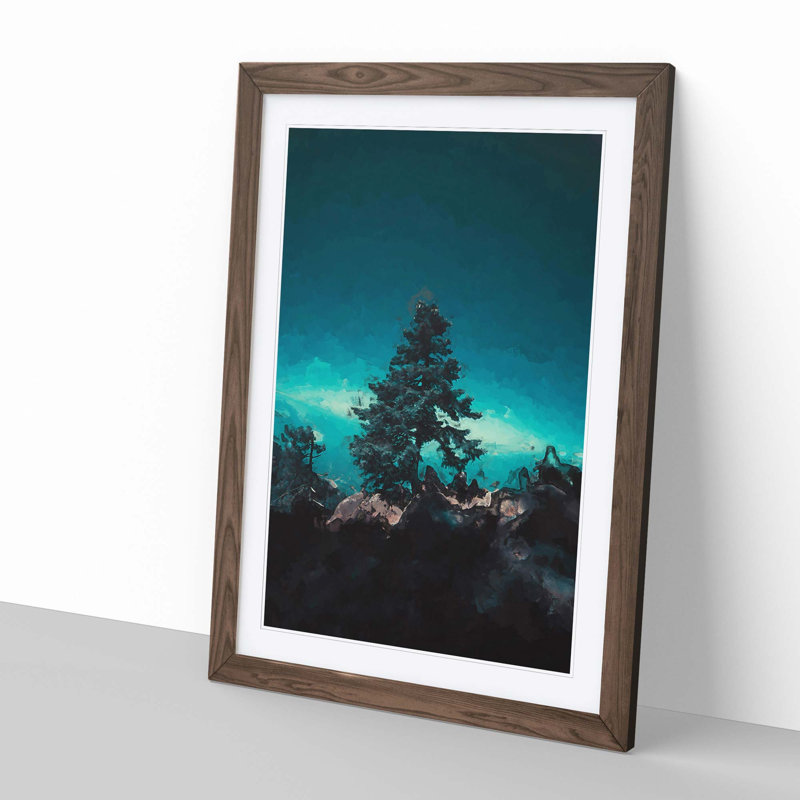 Tree on a Mountain Top in Abstract - Framed Print, 50cm H x 35cm W x 2cm D, Walnut