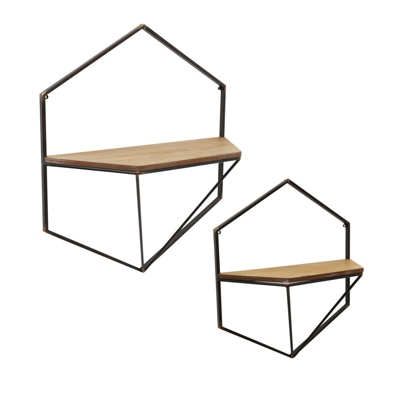 Set of 2 Brown Wood and Black Metal Hexagon Floating Wall Shelves