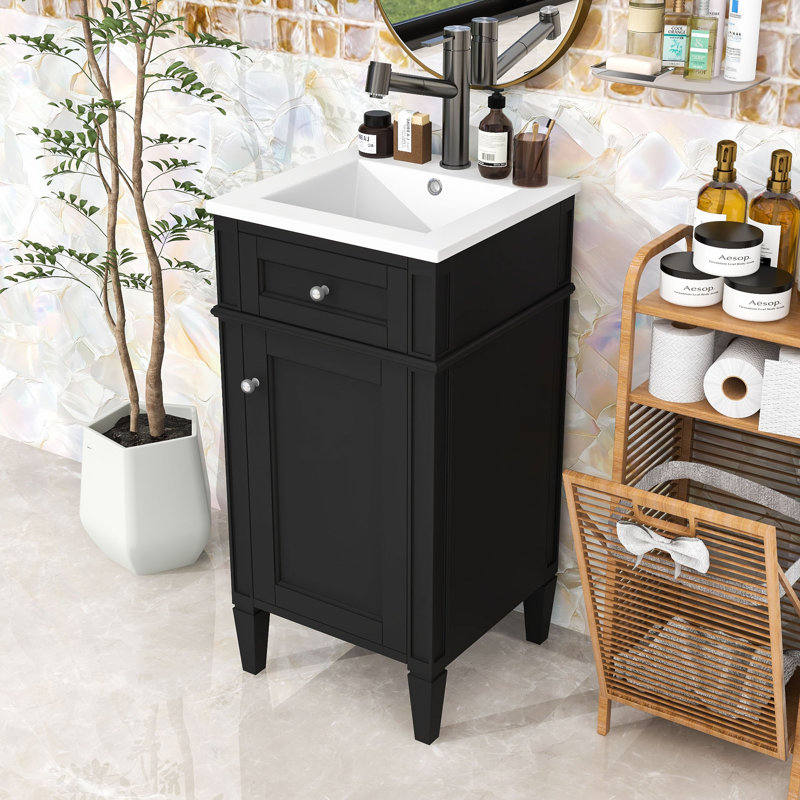 Meuble-lavabo autoportant moderne avec porte à fermeture en douceur, lavabo en céramique et grand rangement, Noir, Argent