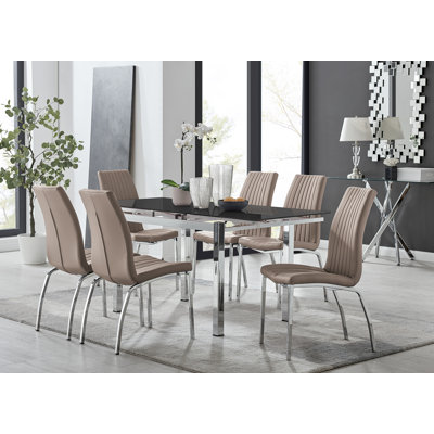 Tierra Modern Glass & Metal Extendable Dining Table Set & 6 Luxury Faux Leather Dining Chairs