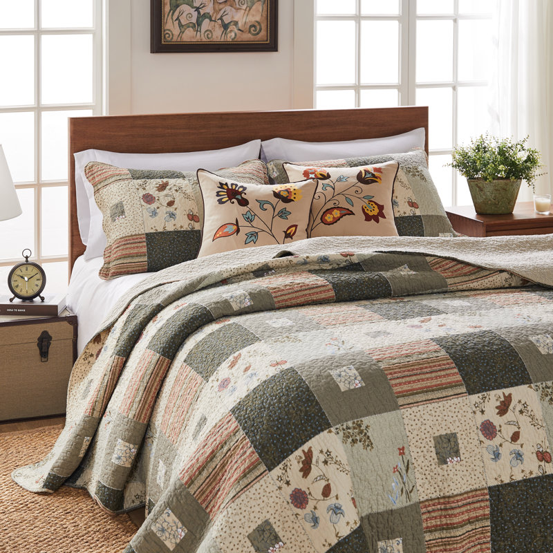 Gray and Beige Cotton Twin Quilt Set with Floral Embroidery