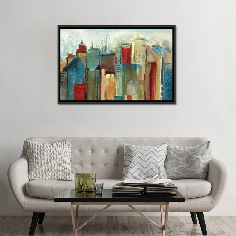 «Sunlight City», reproduction sur toile, H 18 po x l 26 po x P 1,5 po, Toile avec cadre noir, Pas de tapis