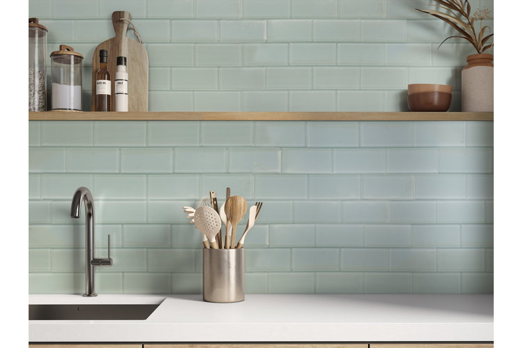 kitchen backsplash subway tile in a light turquoise color
