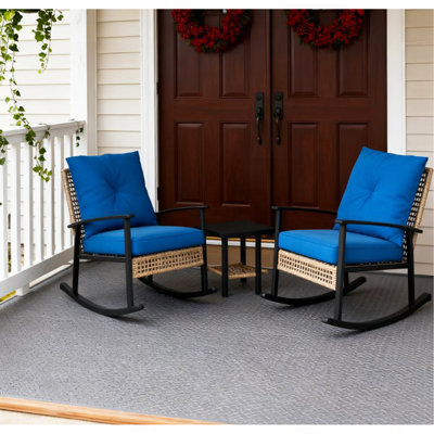 Rattan Rocking Chairs, Coffee Table,Button Tufted Cushions With Patio Furniture Set
