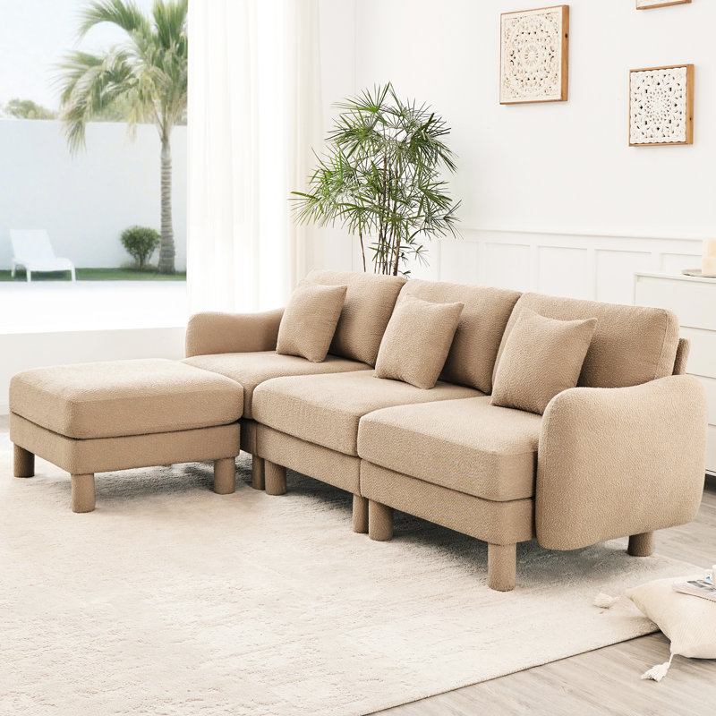Tissu Boucle, 3, couleur café, élégamment courbé, coussins moelleux, forme en L relaxant, canapé modulaire, système de ressorts, relaxation