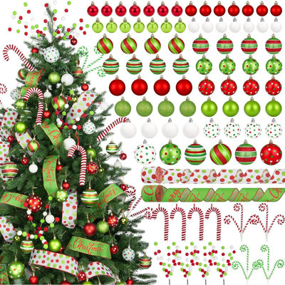 88 Pcs Christmas Ball Ornaments Set, Glittering Red Green White Christmas Tree Decorations Shatterproof Plastic Hanging Elf Bulbs With Candy Cane Xmas Tree Picks Ribbon For Holiday Party Decor