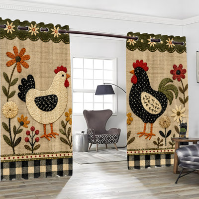 2Pcs Farmhouse Rooster Grommet Blackout Curtains, Rustic Chicken Embroidered Drapes, Vintage Floral Applique Window Panels, Country Kitchen Living Room Decor