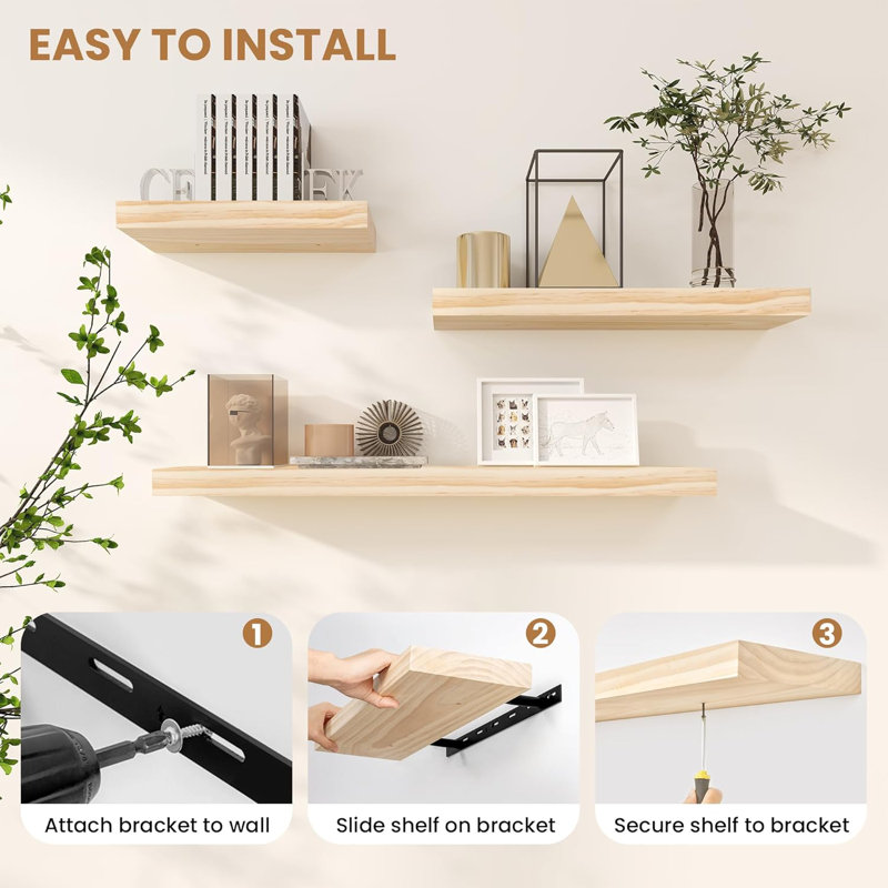 Rustic Solid Pine Wood Floating Shelves, Wall-Mounted Shelf Set Of 2 For Storage And Decor, 16"W X 7"D, Natural Unfinished