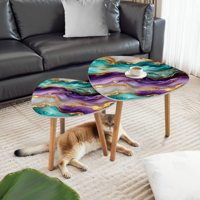 Triangle Nesting Coffee Table Set of 2 Abstract Marble Turquoise Purple Gold Accents End Table Modern Minimalist Side Table Set for Living Room Bedroom