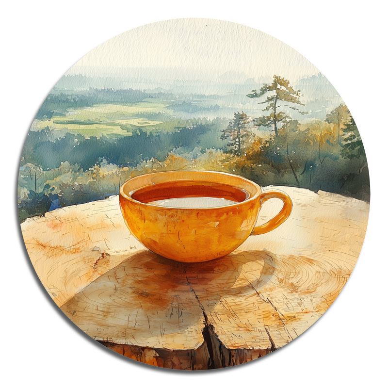 «Tea Cup The Morning In The Country II», art mural rond en métal café, H 36 po x l 36 po