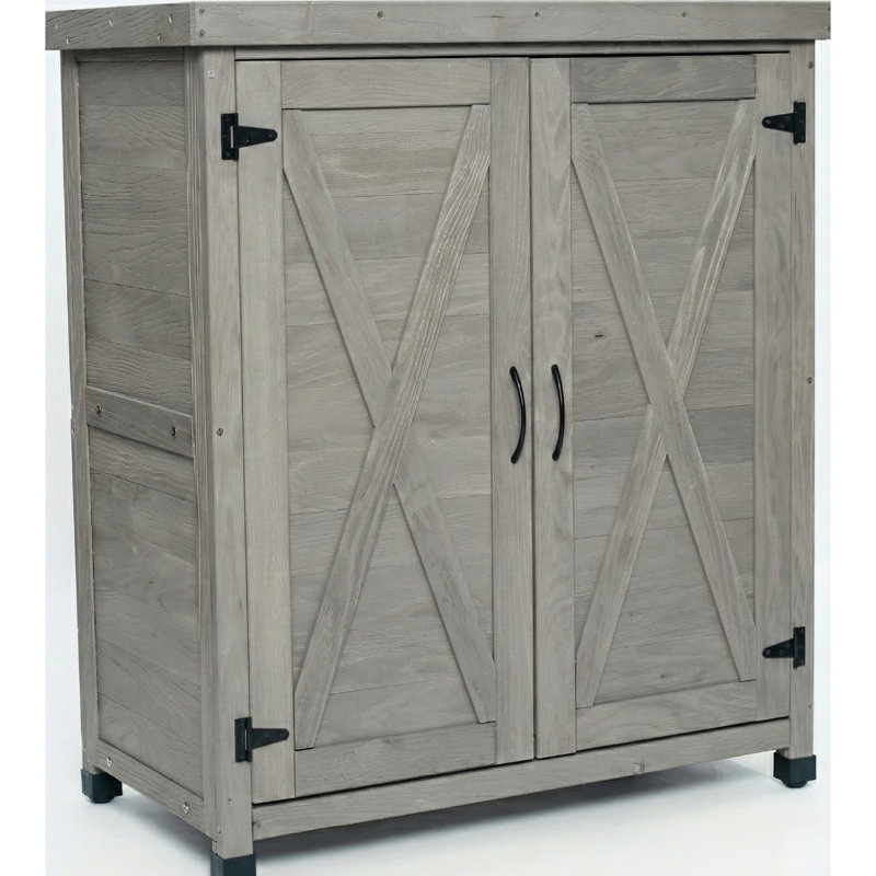 Table de rempotage avec armoire de rangement et plateau en métal, grise, design extérieur, pattes réglables, convient à divers environnements extérieurs