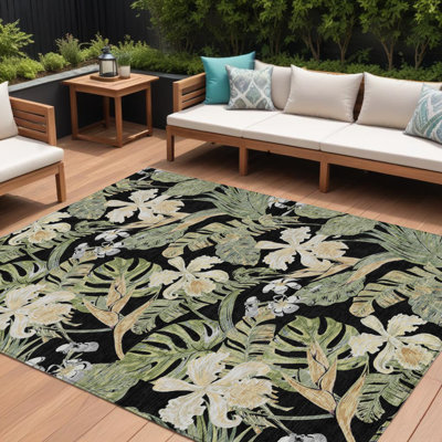 Tapis intérieur lavable 8 pi x 10 pi noir à feuilles botaniques et vert fougère