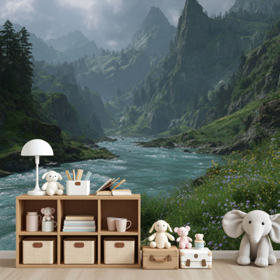 Peel and Stick Wallpaper Rocky Mountain River Valley Misty Peaks Wall Murals 69"H x 96"W Removable PVC Wall Paper Self-Adhesive Wall Decor for Bedroom Living Room Home Office