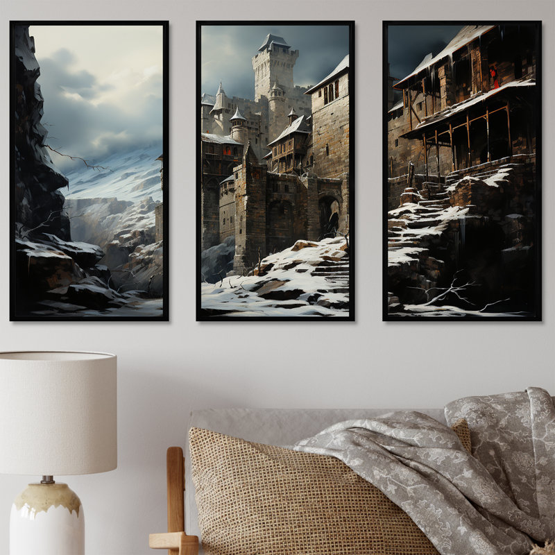 Art mural château médiéval en charme d'hiver IV - Châteaux, H 40 po x l 61 po, Cadre flottant noir
