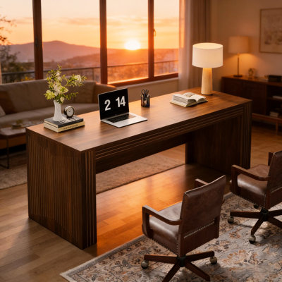 Bureau au design minimaliste moderne, taille 79 pouces, grain de bois brun, bureau spacieux, structure stable, ordinateur facile à assembler avec dimension, double espace de travail, tableau E0, assemblage