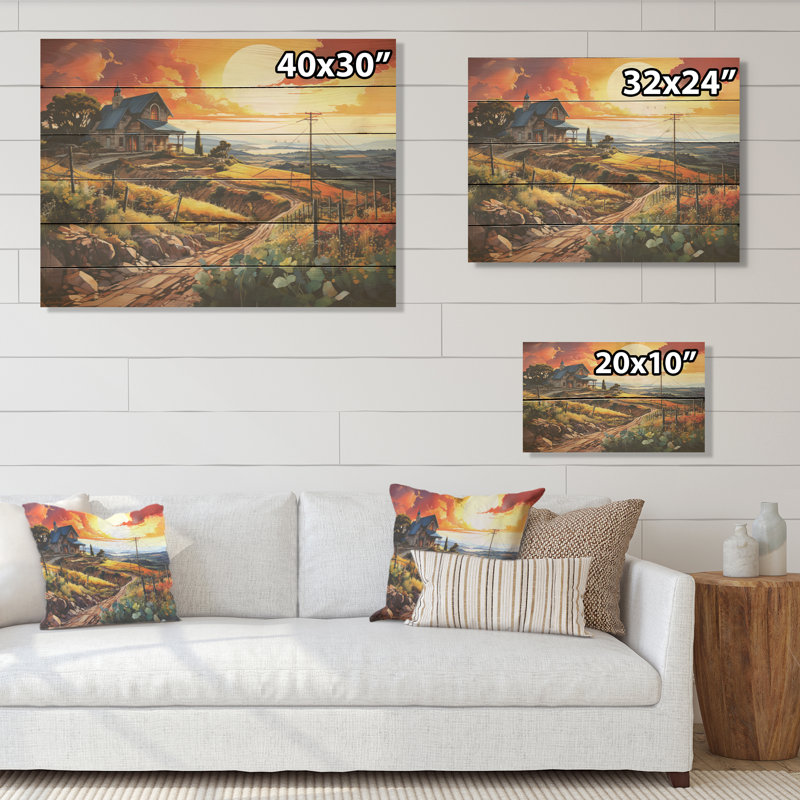 Vineyard Sunset - Vineyard, panneau mural en bois sur bois de pin naturel, H 24 po x l 32 po