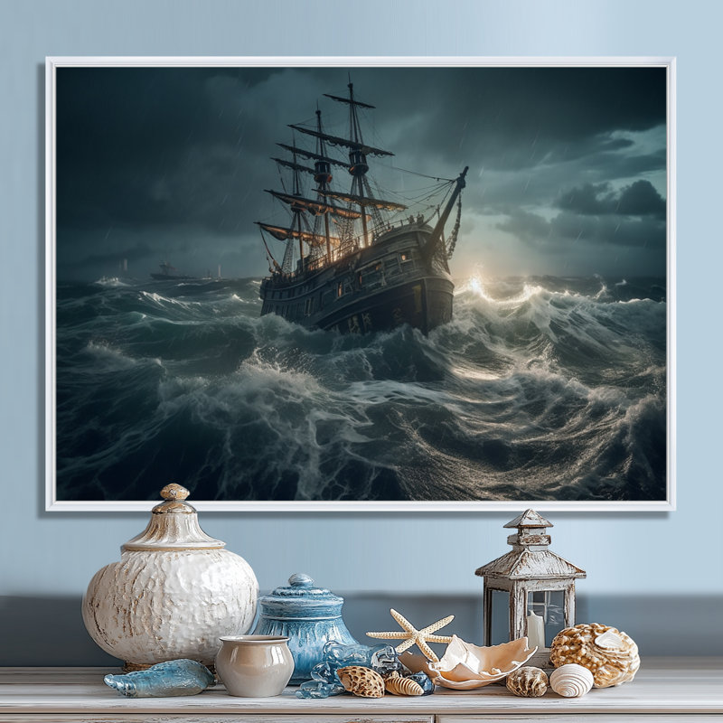 «Ship In The Middle Of A Storm I», reproduction d'art sur toile, H 30 po x l 40 po x P 1,5 po, Cadre flottant blanc