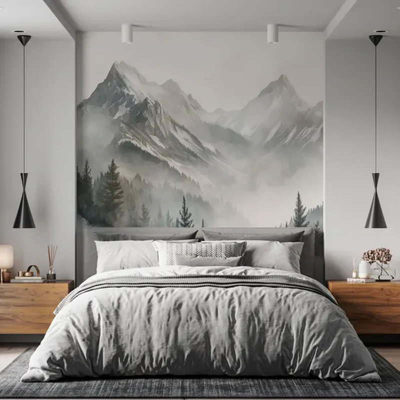 Murale paysage de montagne et forêt alpine brumeuse, 106" L x 138" W