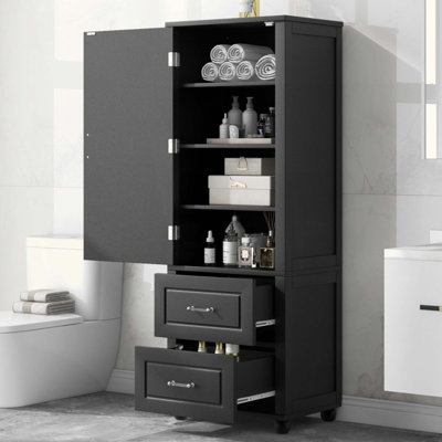 Tall Bathroom Storage Cabinet, Freestanding Storage Cabinet With Two Drawers And Adjustable Shelf, MDF Board With Painted Finish