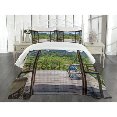 Ambesonne Summer Bedspread Set Sunny Day Mountain View Pale Green Dark Green -  bed_34788_king
