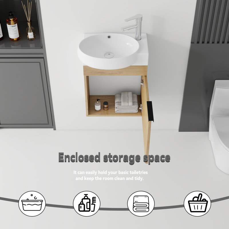 Ensemble de meuble-lavabo mural 16 po avec lavabo et portes à fermeture en douceur pour petites salles de bain, Oak