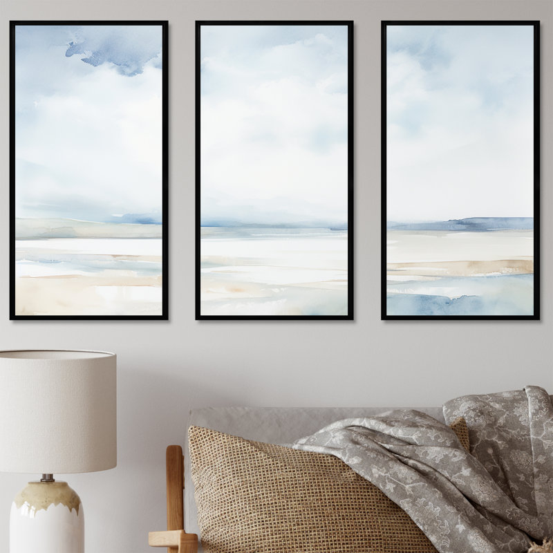 Minimalisme, ciel nuageux paysage II - ensemble d'art mural sur toile ciel, Cadre flottant noir, H 40 po x l 60 po x P 1 po