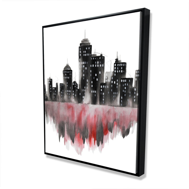 «Red Watercolor Cityscape» - Toile encadrée pour la décoration intérieure