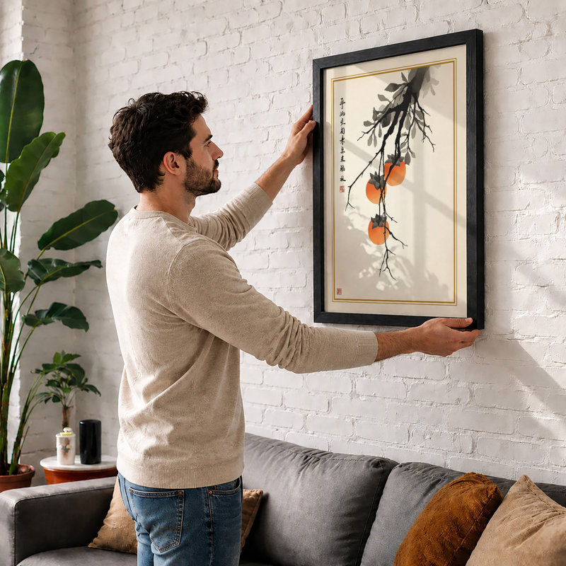 Persimmons on Branch Japandi - Framed Print, Unframed, A4 - 29.7 x 21.0 cm