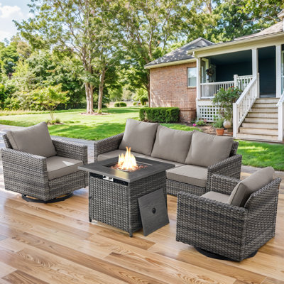 Hansencamp 5 - Person Outdoor Seating Group With Fire Pit With Swivel Glide Chair And Cushions