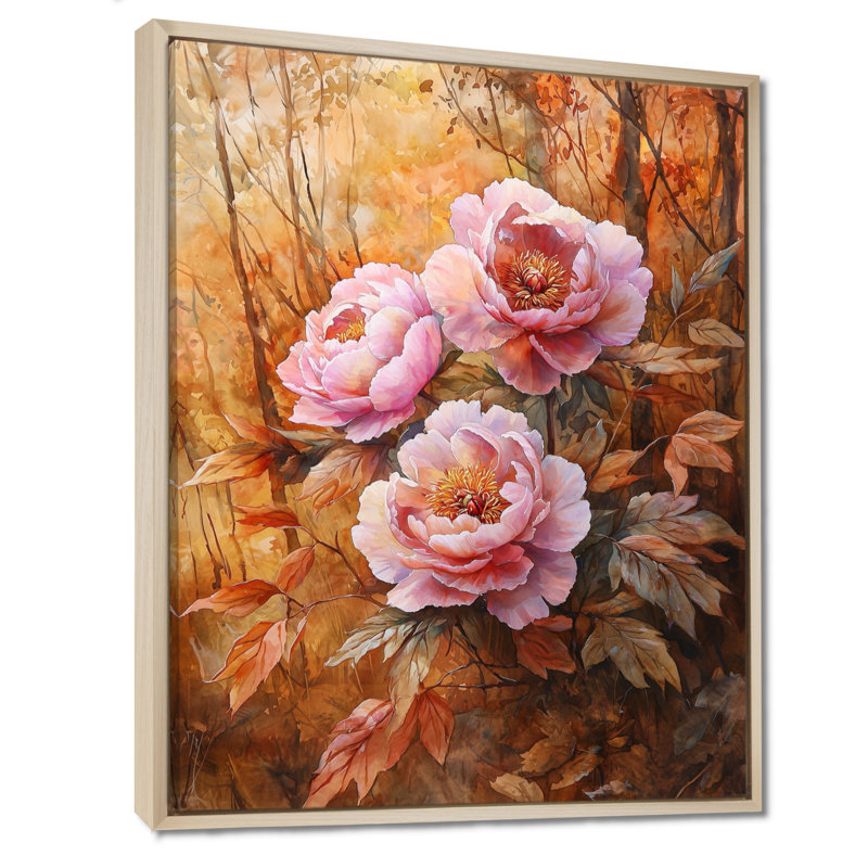 Pivoines et forêt d'automne II - pivoines, art mural, H 44 po x l 34 po, Reproduction avec cadre flottant, Crème, crème