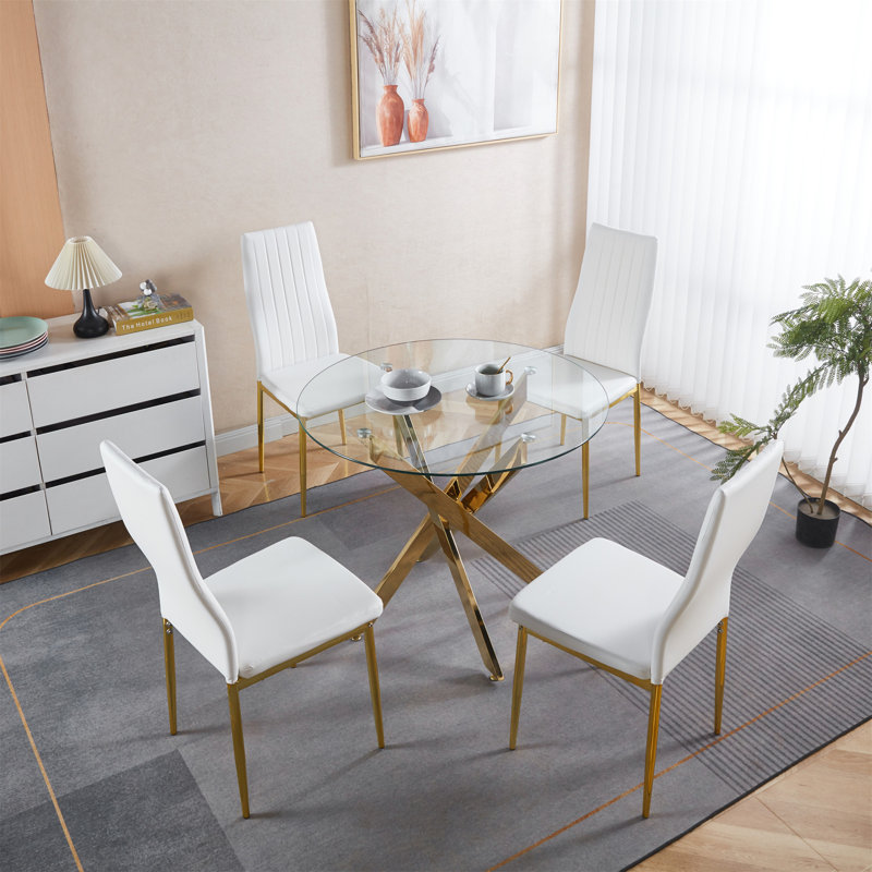 Ensemble de salle à manger 5 pièces, table de salle à manger Mid-Century pour 4 à 6 personnes avec plateau en verre, table de salle à manger à piédestal, table basse de loisirs