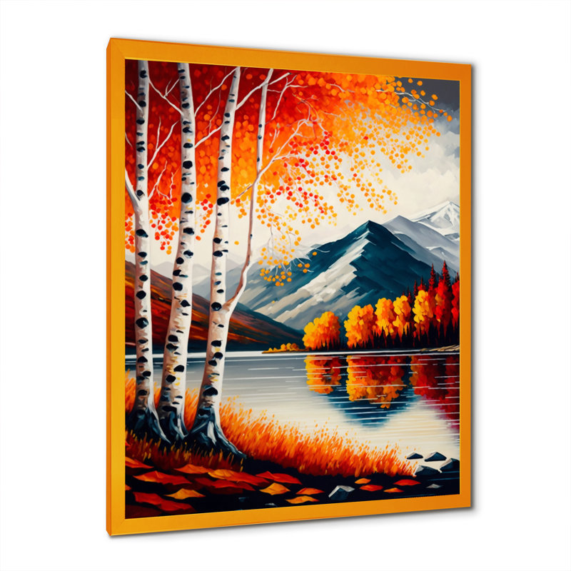Bouleaux rouges et oranges au bord du lac VI - paysage, art mural sur toile, H 32 po x l 24 po x P 1 po, Cadre doré