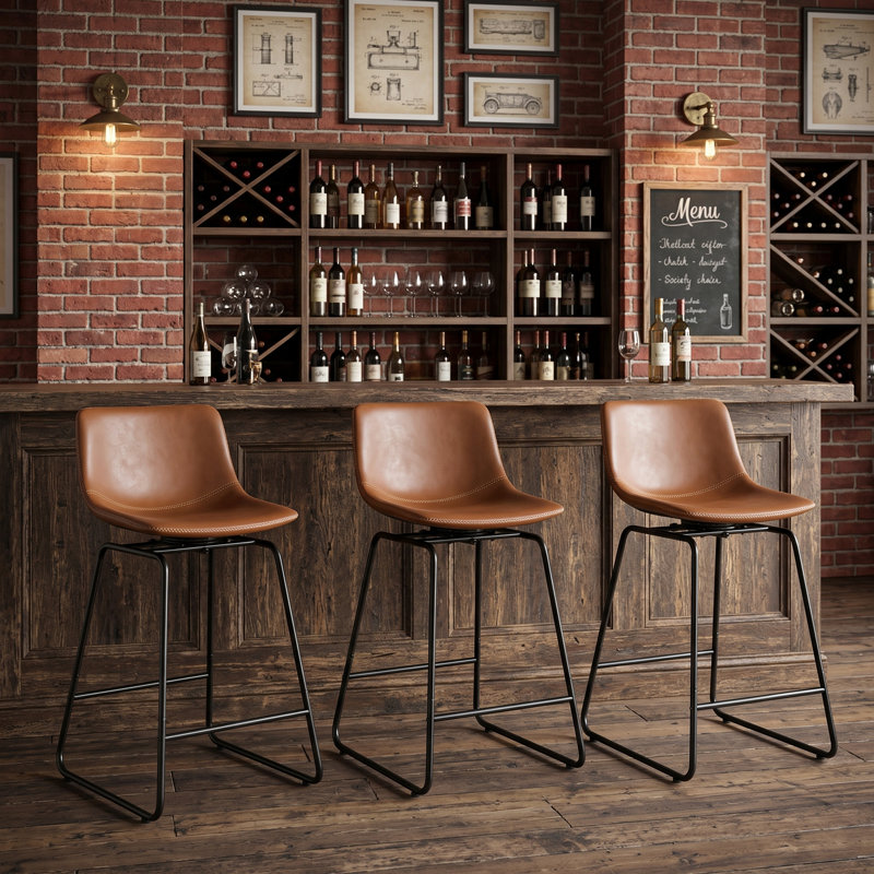 Modern 26" PU Leather Swivel Counter Stool With Low Back Sled Base Footrest, Brown