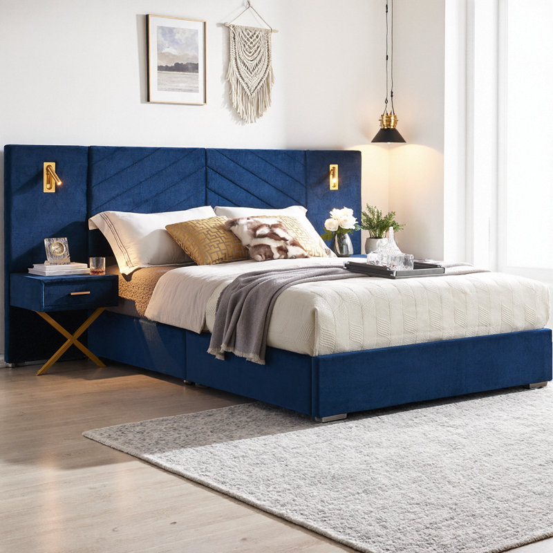 Très grande base de lit en velours avec tête de lit capitonnée à oreilles, lit plateforme tapissier avec lumières DEL et lattes de bois, aucun sommier requis, assemblage facile