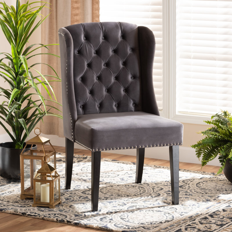 48.01cm H Tufted Velvet Upholstered Wing Back Side Chair in Grey, Grey