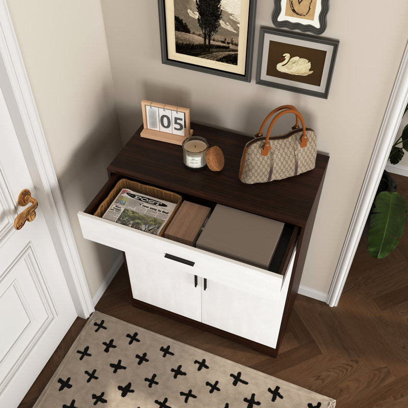 Wooden Shoe Storage Cabinet, 4 With 2 Doors, Freestanding For Office, Spacious Interior, Classic Design Cabinet 1 Drawer, Entryway Hallway, Adjustable Shelves, Walnut Color