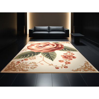 Tapis floral beige camelia lavable à la machine - reliure beige