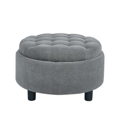 25Inch Round Storage Ottoman With Tray, Modern Tufted Fabric Circle Coffee Table With Concealed Storage For Living Room And Bedroom