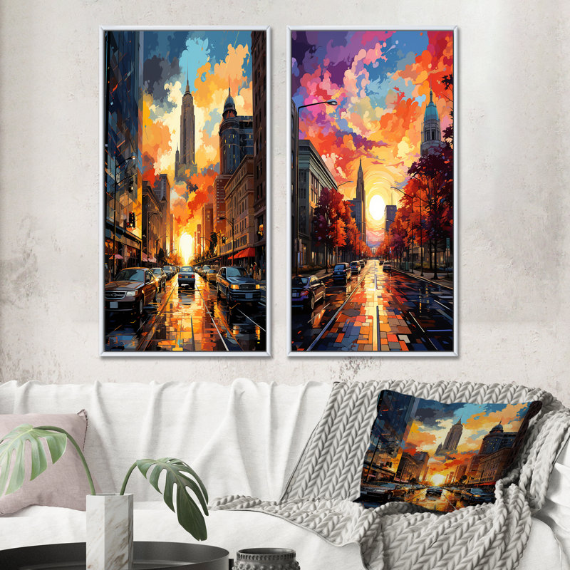 «City Detroit Popart», 2 pièces sur toile, Cadre blanc, H 40 po x l 40 po