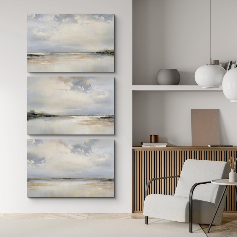 Minimal paysage nuages lac réflexion nature sauvage océan côtier illustrations 3 - pièces, Toile tendue, H 24 po x l 36 po