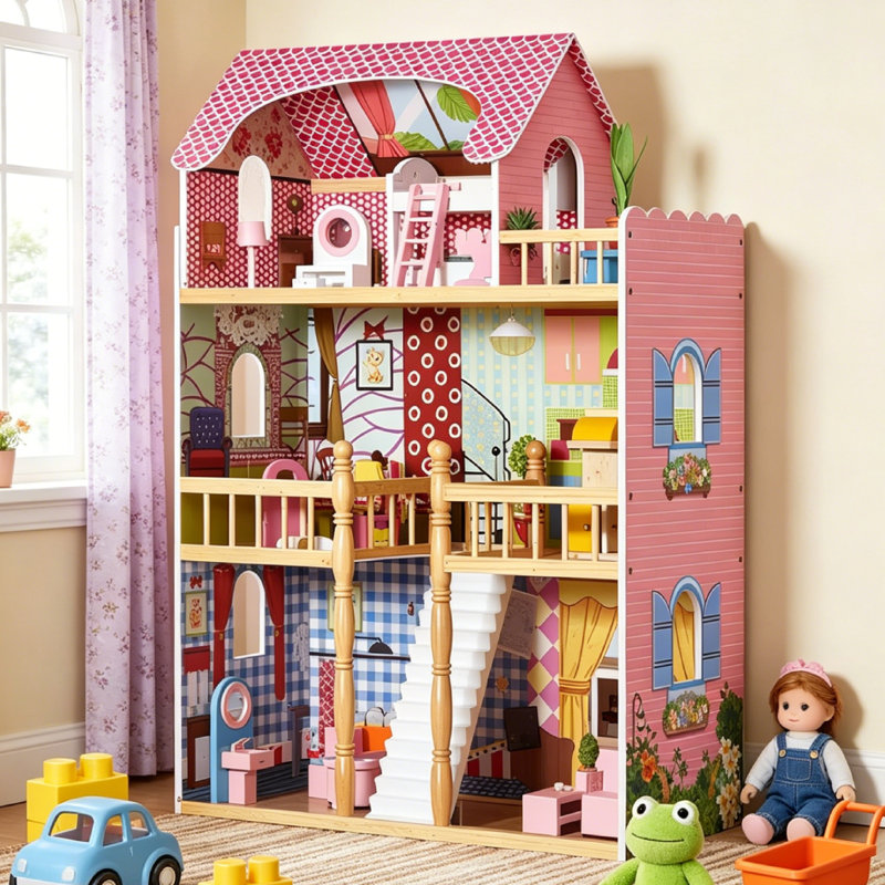 Maison de poupée en bois pour enfants avec accessoires de mobilier pour anniversaire et Noël