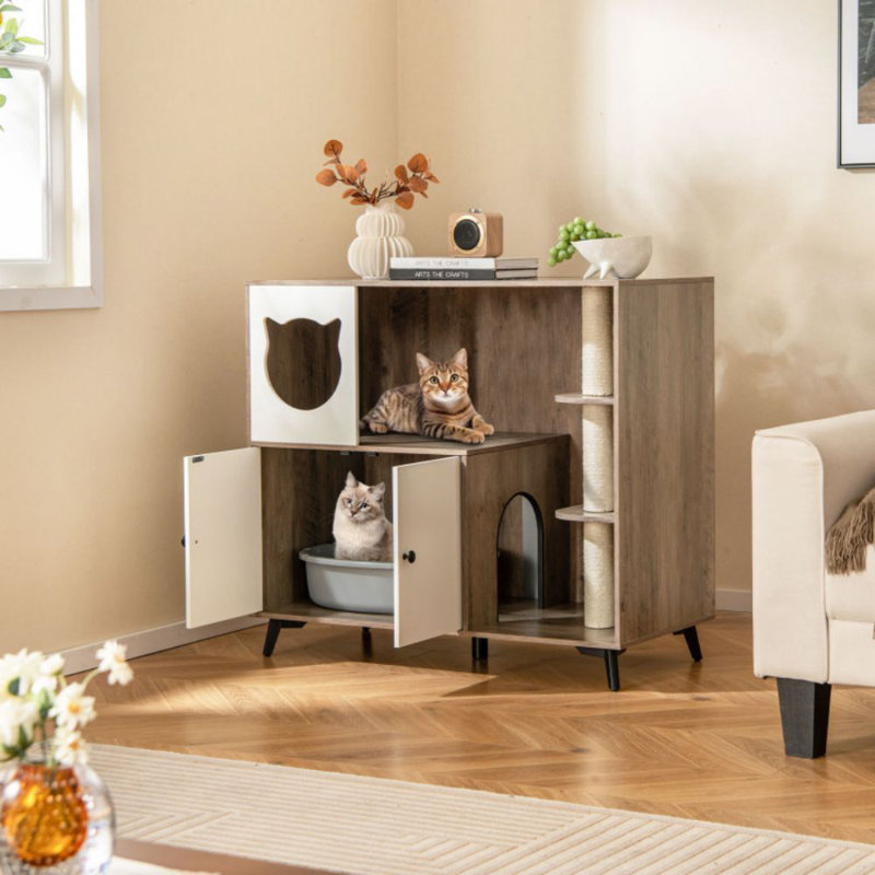 Cat Litter Box Enclosure With 3 Sisal Scratching Posts For Indoor Cats