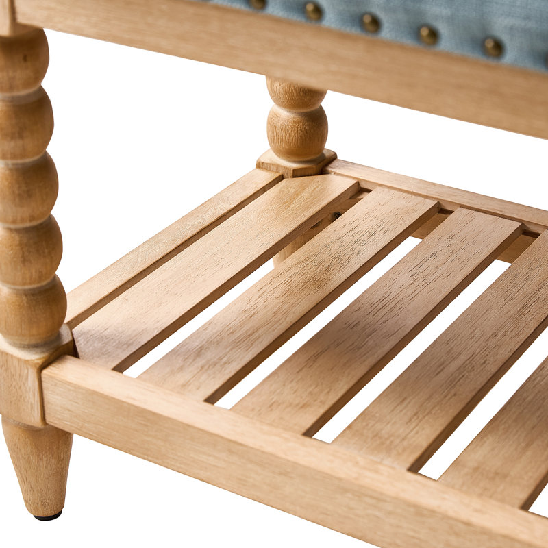 Banc de rangement en bois massif avec garniture cloutée Delfina, Bleu