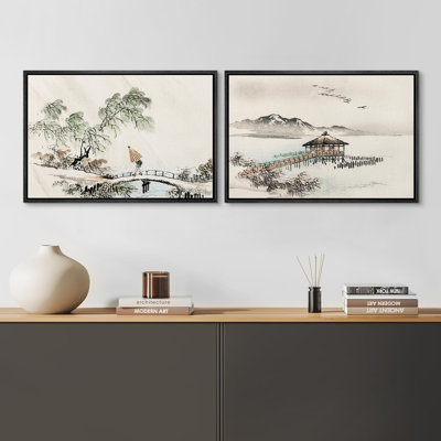Paysage abstrait "Peinture à l'encre, arbres du lac Lanadscape", 2 pièces