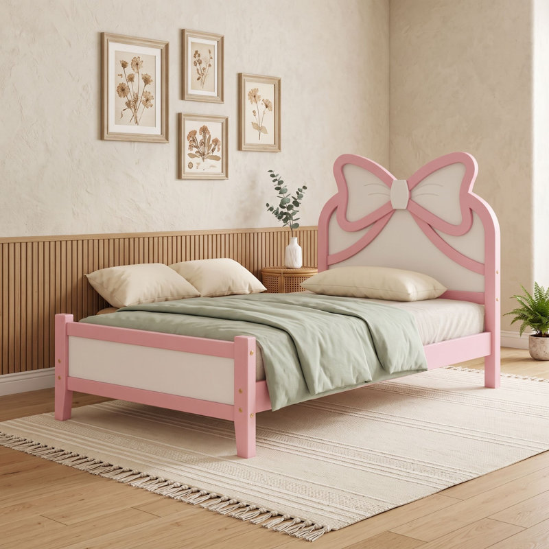 Cadre de lit plateforme en bois avec tête de lit, design discret, Lit simple, Blanc rose