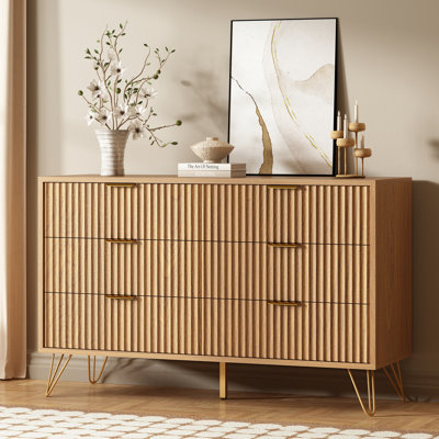 Commode à 6 tiroirs cannelée en bois l 47,2 po avec poignées et pieds en métal