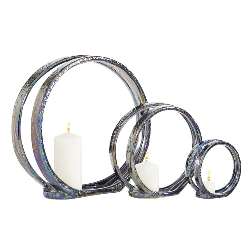 Ceramic Pillar 3 Plate Decorative Silver Candle Holder Set, Gray